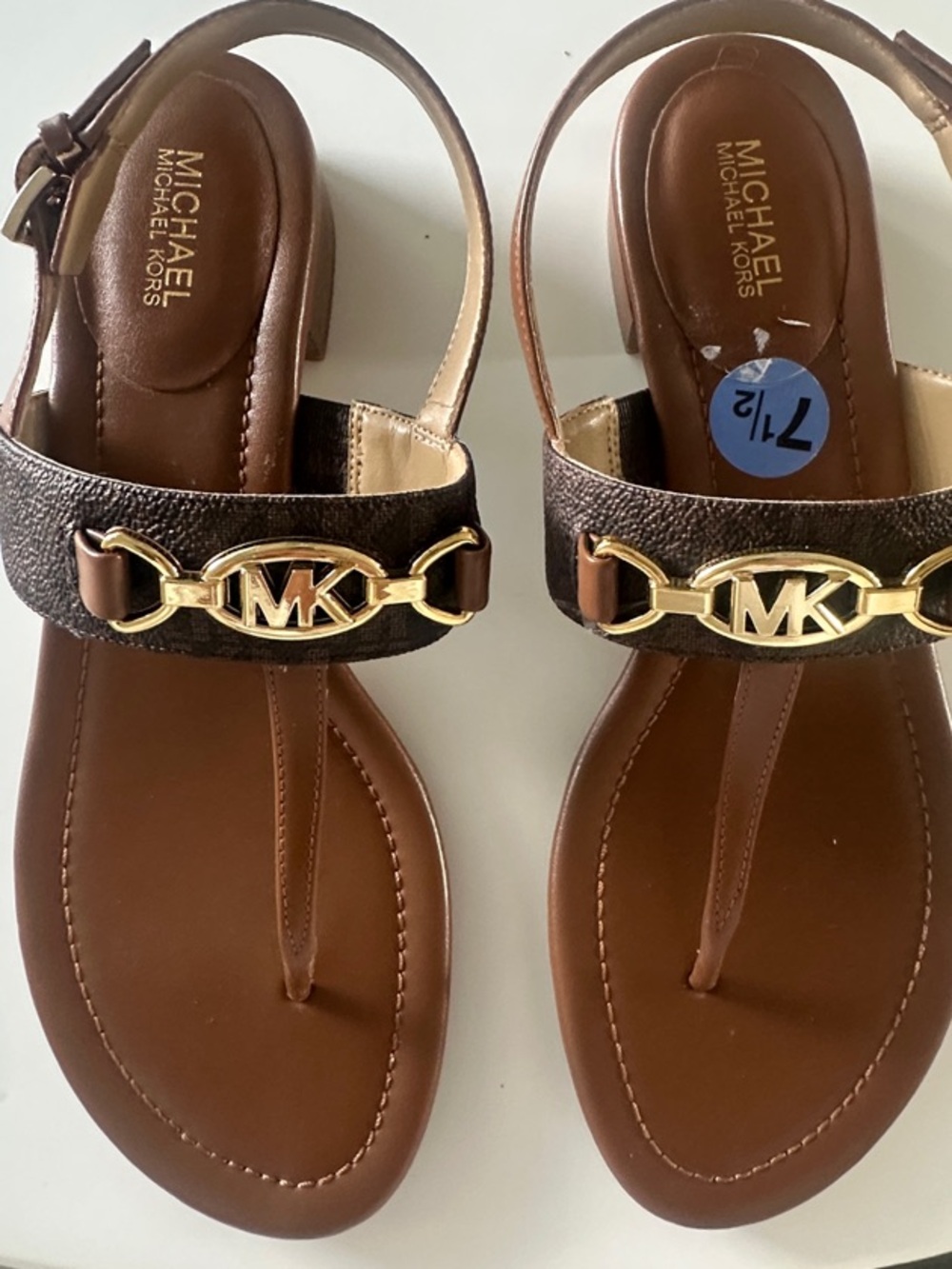 Michael Kors Brown and Gold Logo T-Strap Sandals